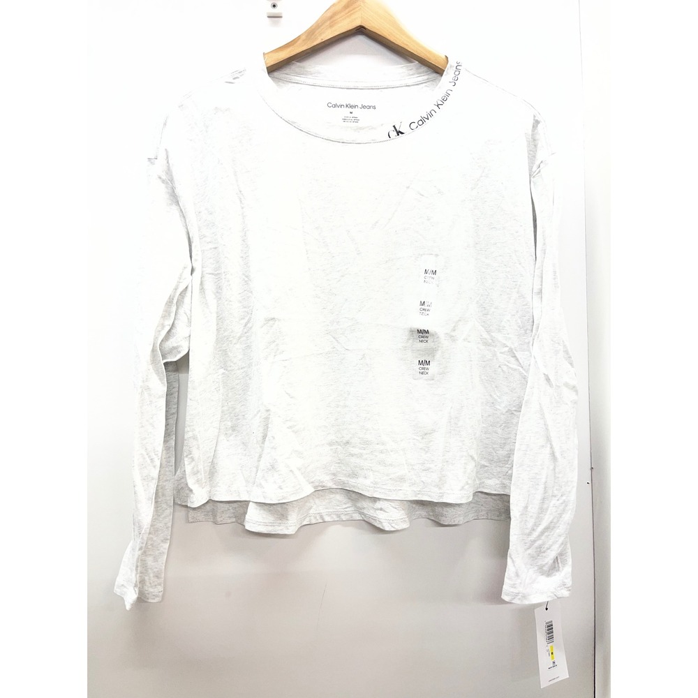 Calvin Klein Jeans Womens Grey Heather Long Sleeve Logo Crew Neck Top M NWT